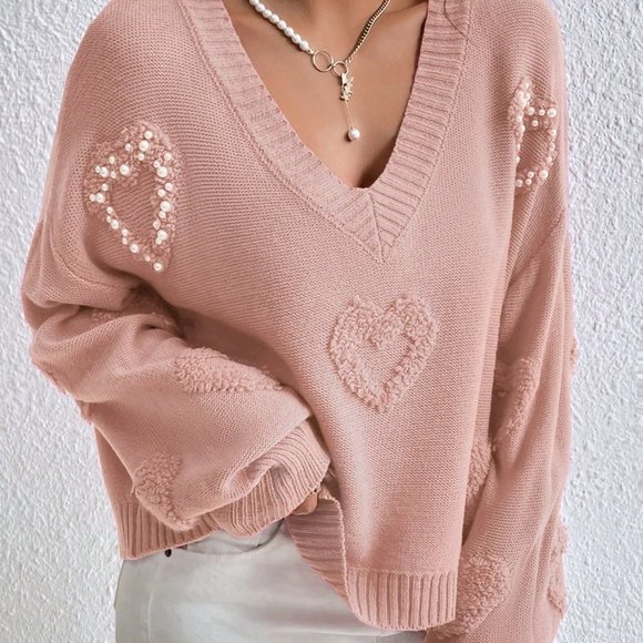 Coral Pink Casual Womens Pearls Heart Detail V-neck Drop Shoulder Sweater - Picture 5 of 5